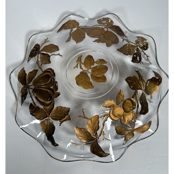 Vintage Glass Intaglio Plate Dish Goofus Glass Ruffled Gold Rim Red Fruit 10.5" - Picture 3 of 16